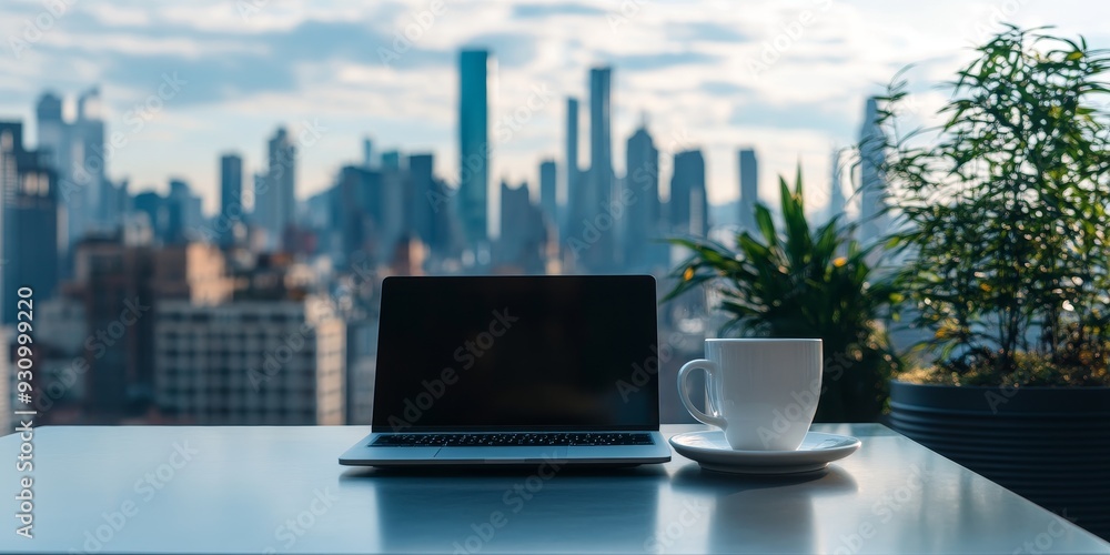 A detailed shot of a coffee cup and a laptop on a patio table, with an urban skyline providing a dynamic backdrop A detailed shot of a coffee cup and a laptop on a patio table, with an urban skyline providing a dynamic backdrop