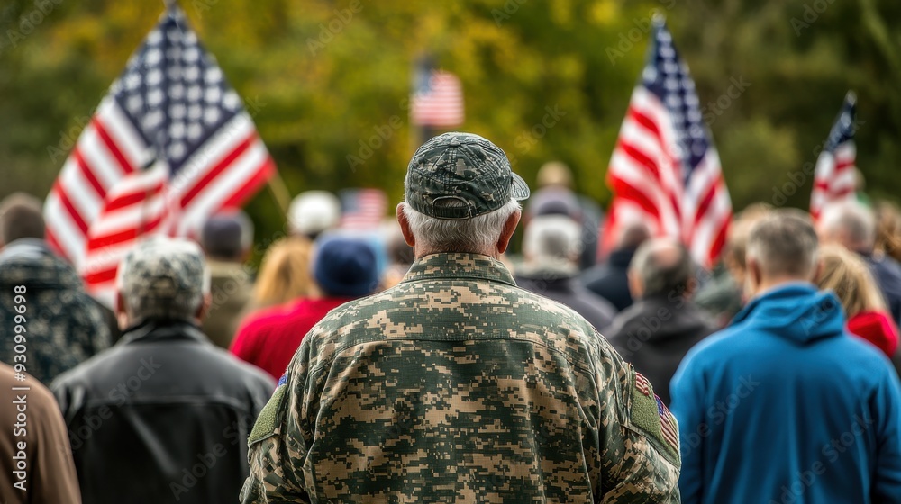 A group of veterans and community members gathered at a memorial for a Veterans Day ceremony, with a speaker giving a heartfelt speech, American flags waving, and a sense of solemn respect and A group of veterans and community members gathered at a memorial for a Veterans Day ceremony, with a speaker giving a heartfelt speech, American flags waving, and a sense of solemn respect and