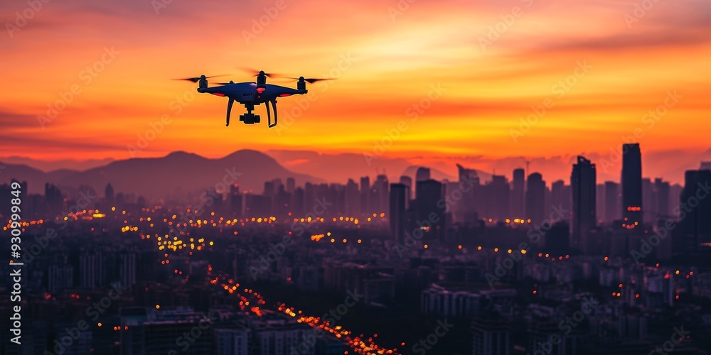 A close-up of a drone hovering above a city, with the entire skyline below captured at golden hour A close-up of a drone hovering above a city, with the entire skyline below captured at golden hour