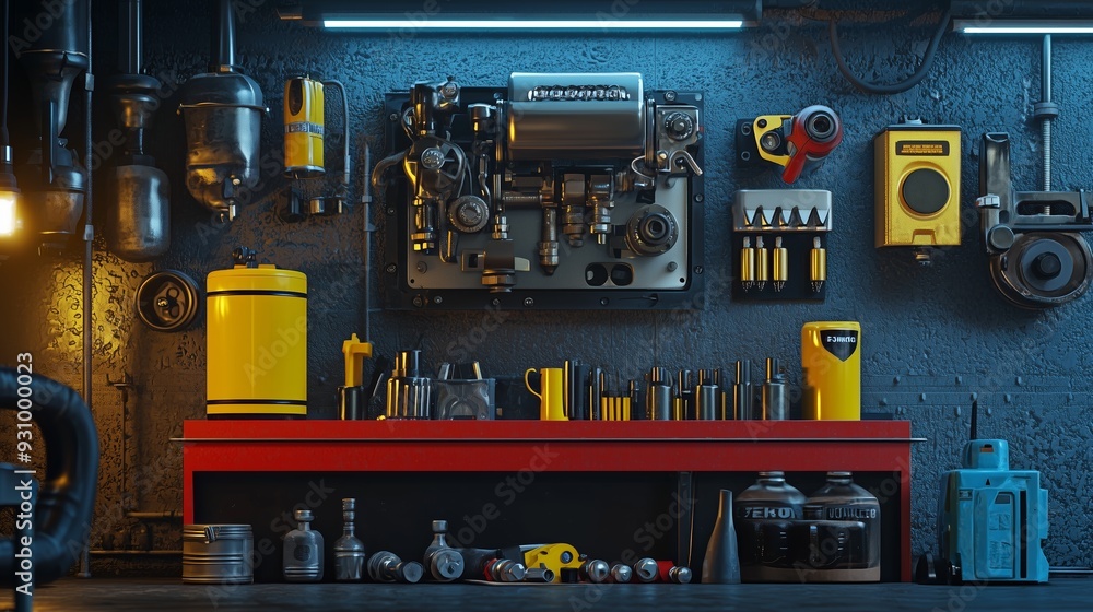 A vibrant 3D podium with engine oil cans and spark plugs arranged around it, set against a workshop wall A vibrant 3D podium with engine oil cans and spark plugs arranged around it, set against a workshop wall