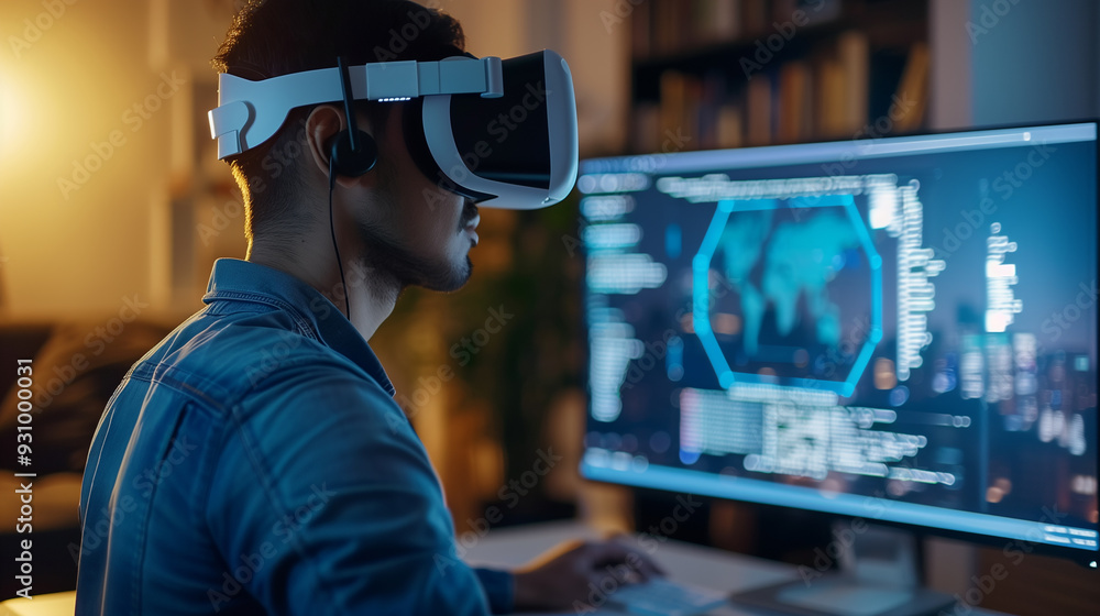 a software engineer wearing VR headset using AI artificial intelligence technology working on software development or cybersecurity a software engineer wearing VR headset using AI artificial intelligence technology working on software development or cybersecurity
