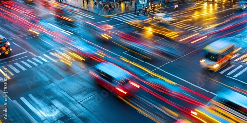 a busy city intersection, cars, buses, and pedestrians moving in synchronized chaos under traffic lights