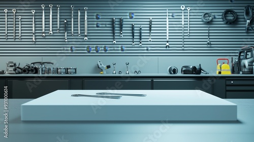 An empty 3D podium with car repair tools such as wrenches and screwdrivers arranged neatly around it, on a clean garage background photo