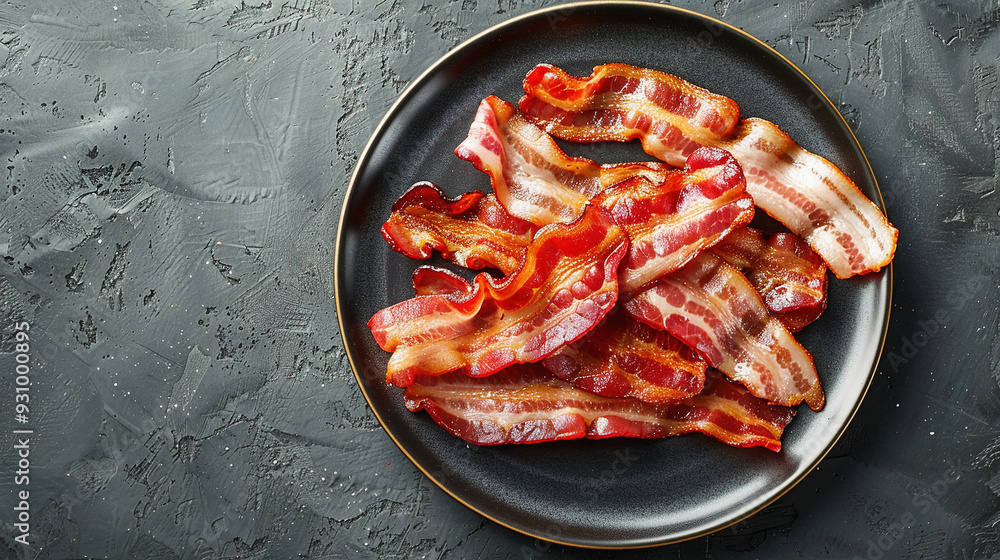 Bacon slice in plate isolated in grey background, copy space Bacon slice in plate isolated in grey background, copy space