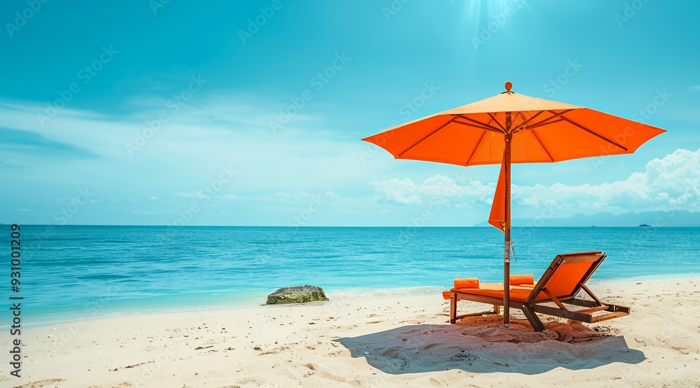 A single orange beach umbrella stands over a lounge chair on a white sand beach with a clear blue ocean and a bright blue sky. A single orange beach umbrella stands over a lounge chair on a white sand beach with a clear blue ocean and a bright blue sky.