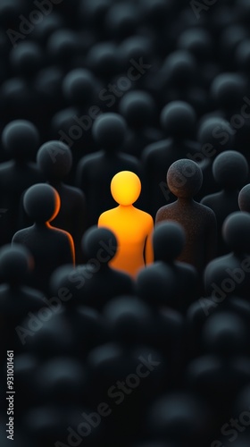 A person shines against a background of dark figures, symbolizing individuality, confidence and personal growth