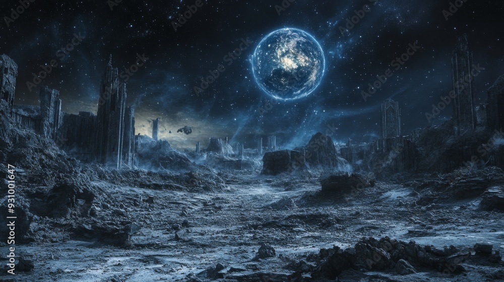 Ancient ruined planet consists of abandoned city and ruined structures amidst dark and desolate landscape. Distant stars are visible in the background, with soft lighting effects. Ancient ruined planet consists of abandoned city and ruined structures amidst dark and desolate landscape. Distant stars are visible in the background, with soft lighting effects.