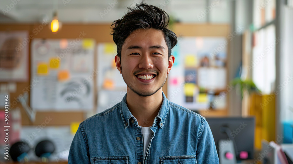 A handsome young Asian man smiles and stands in front