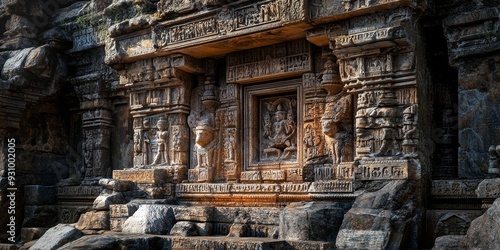 an ancient ruin, intricate carvings and stonework telling stories of a distant past