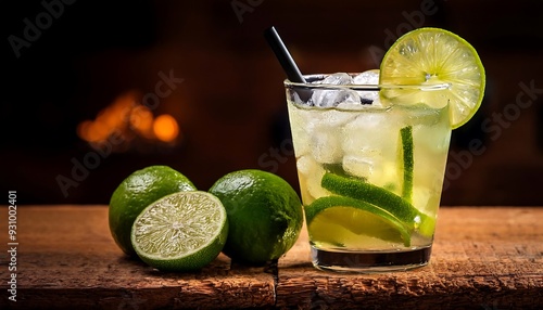 Refreshing Caipirinha Cocktail with Lime Wedges and Ice photo