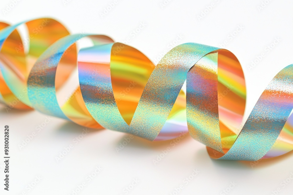 Colorful ribbon spirals elegantly on a white background, perfect for decoration and celebration themes. Colorful ribbon spirals elegantly on a white background, perfect for decoration and celebration themes.