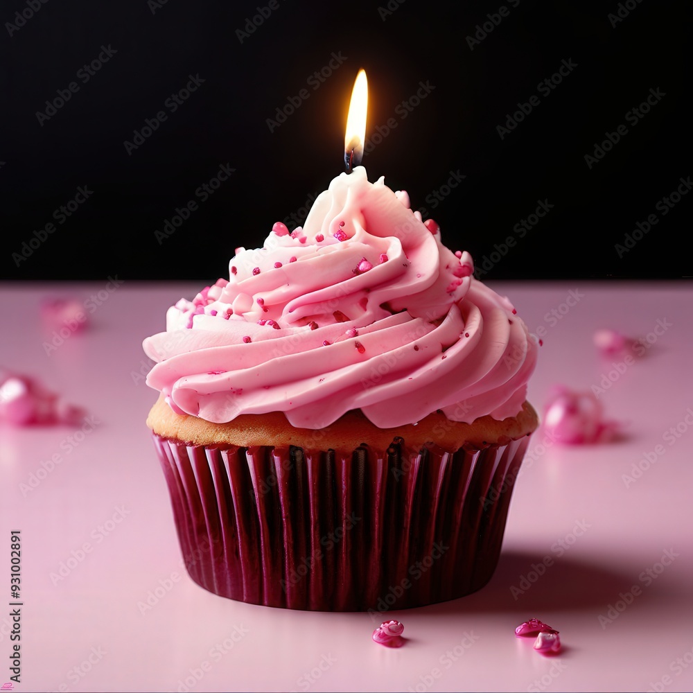 the AI Image Generator, Celebratory Pink Frosted Cupcake With Candle the AI Image Generator, Celebratory Pink Frosted Cupcake With Candle