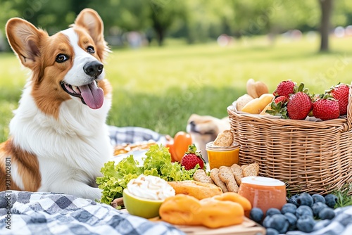 A joyful dog enjoying a colorful picnic spread in a sunny park, surrounded by fresh fruits and snacks on a blanket. photo