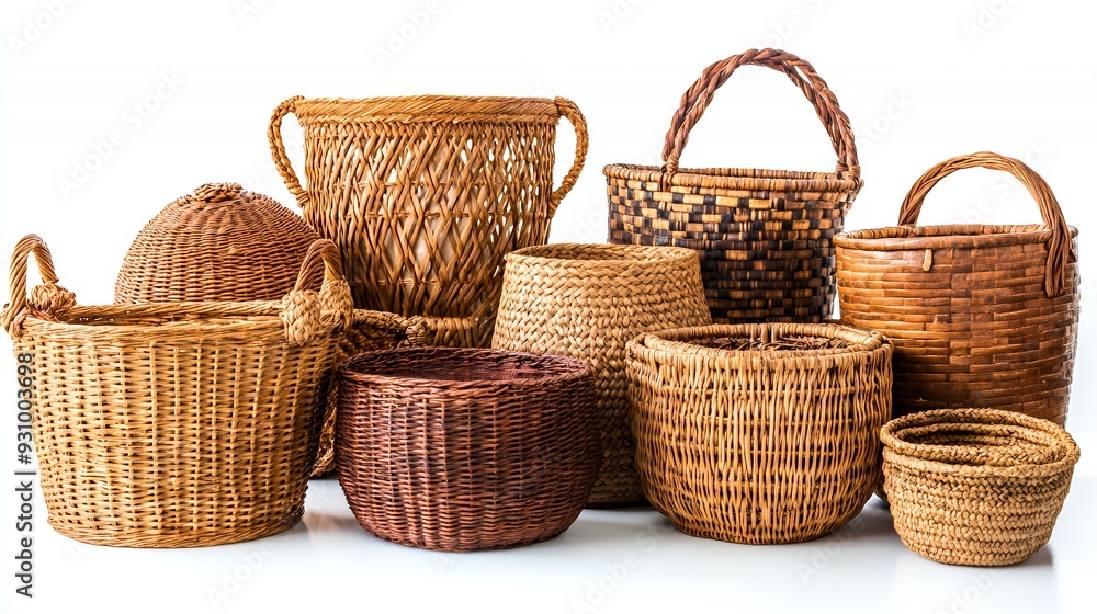 A collection of woven wicker baskets of various shapes and sizes, arranged on a white background. A collection of woven wicker baskets of various shapes and sizes, arranged on a white background.
