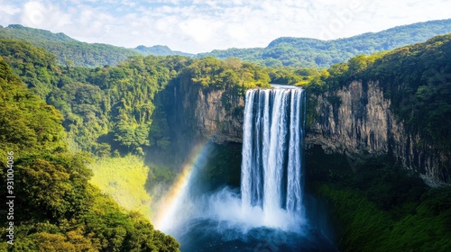 A breathtaking waterfall cascades into a lush green valley, surrounded by vibrant trees under a clear blue sky.