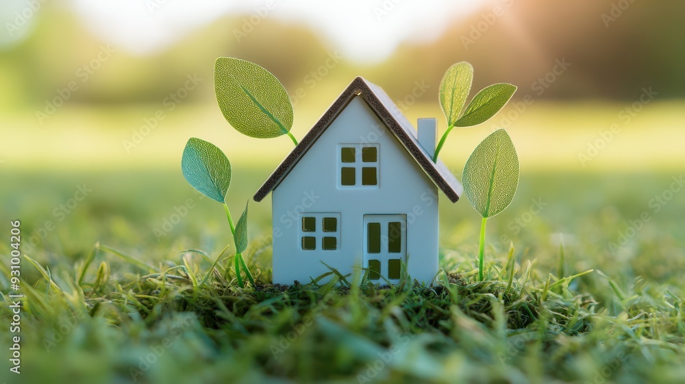 A charming miniature house surrounded by vibrant green grass and leaves, symbolizing eco-friendly living and nature. A charming miniature house surrounded by vibrant green grass and leaves, symbolizing eco-friendly living and nature.