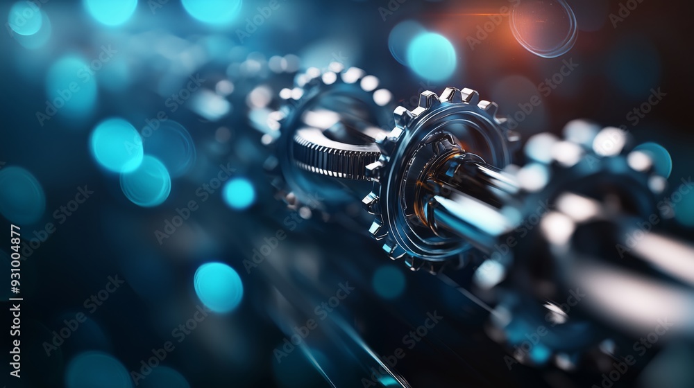 Metallic Gears and Cogs on a Shiny Surface with Bokeh Lights. Metallic Gears and Cogs on a Shiny Surface with Bokeh Lights.