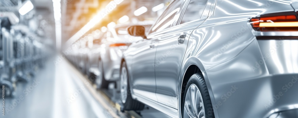 Fototapeta premium A modern silver car in an industrial manufacturing environment, showcasing advanced automotive technology and production processes.