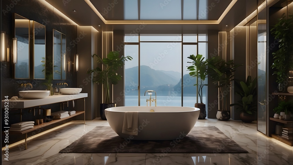Modern minimalist luxurious bathroom interior design with modern bathtub, elegant classic home decor washroom design Modern minimalist luxurious bathroom interior design with modern bathtub, elegant classic home decor washroom design