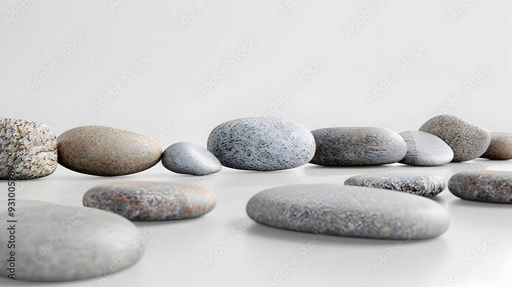 Scattered 3D Rendered Pebbles on Isolated White Background with Copy Space Scattered 3D Rendered Pebbles on Isolated White Background with Copy Space