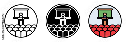 Lecture Hall Icon, A large room or auditorium in a university where lectures are delivered to large groups of students, typically tiered for visibility.