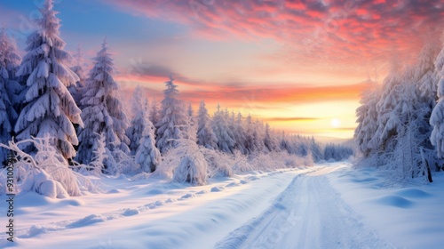 Wallpaper Mural Colorful sunrise over a snowy road with snow-covered trees, peaceful winter scene Torontodigital.ca