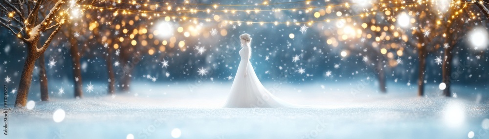 A serene winter scene featuring a bride in a white gown, surrounded by glimmering lights and softly falling snowflakes. A serene winter scene featuring a bride in a white gown, surrounded by glimmering lights and softly falling snowflakes.