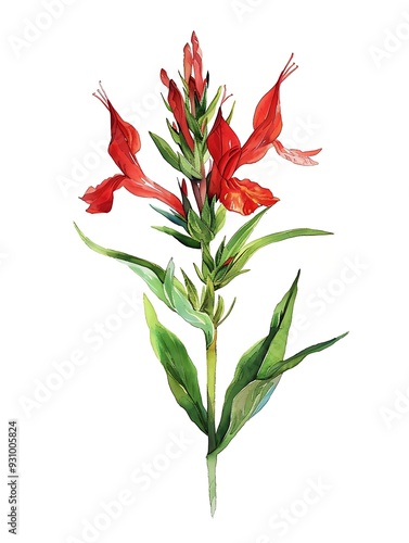 Watercolor Cardinal Isolated on White Background. Beautiful Cardinal Flower