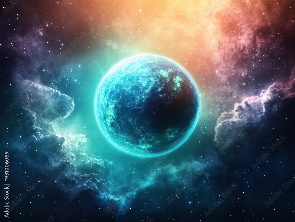 A stunning cosmic scene featuring a glowing planet surrounded by vibrant nebulae and shimmering stars in deep space. A stunning cosmic scene featuring a glowing planet surrounded by vibrant nebulae and shimmering stars in deep space.