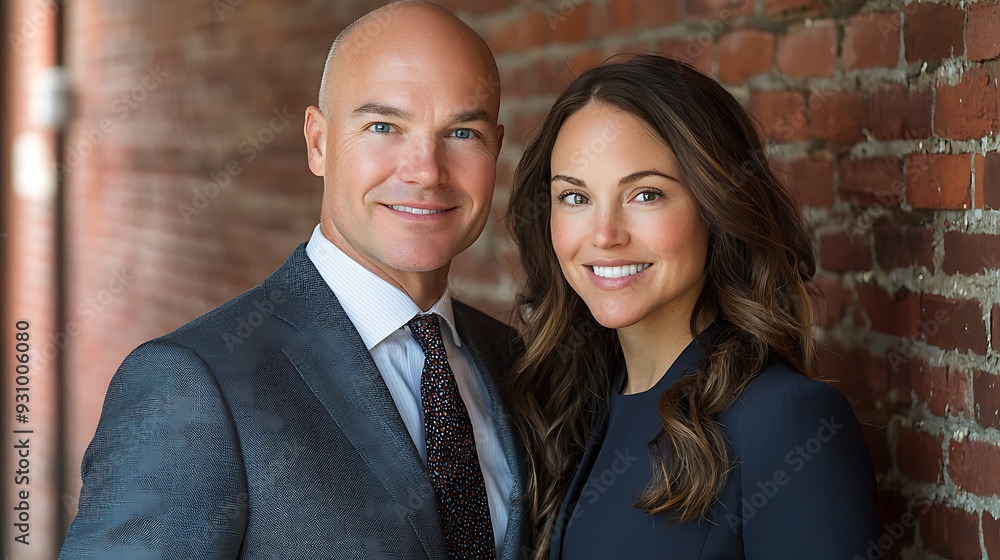 Smiling business couple portrait with a brick wall backdrop. Smiling business couple portrait with a brick wall backdrop.
