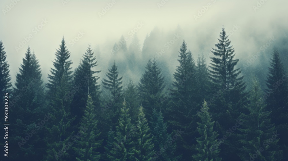 Fototapeta premium Dense fir forest in mist, hipster retro look, soft lighting, muted colors, lots of copy space