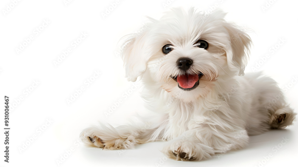 A cute white and brown English Cocker Spaniel puppy is playing happily and happily on a white background.