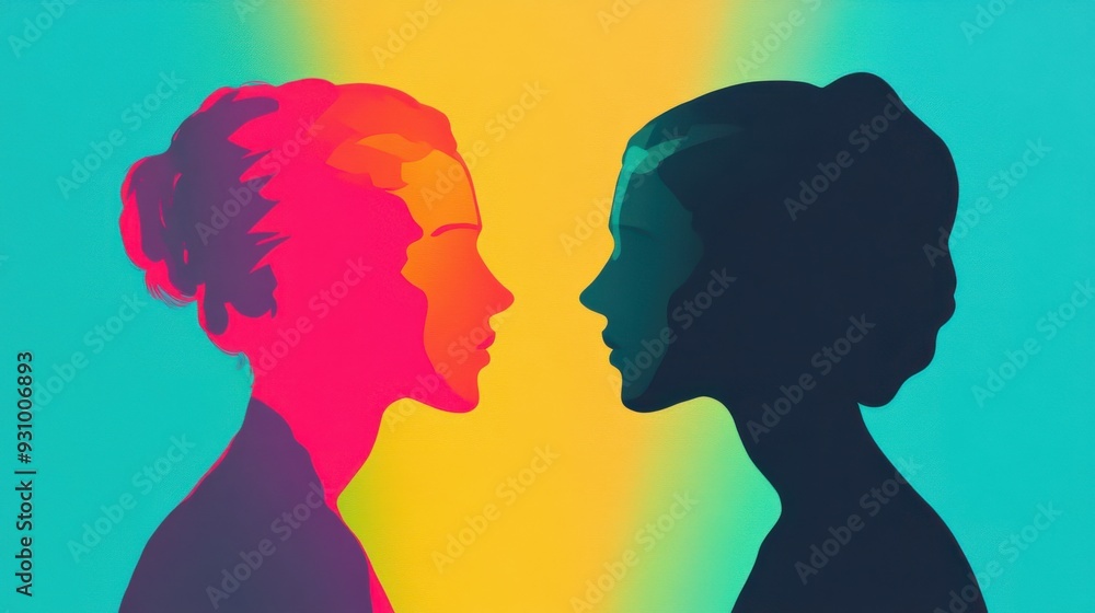 A vibrant silhouette illustration of two women in profile, showcasing contrasting colors against a bright background. A vibrant silhouette illustration of two women in profile, showcasing contrasting colors against a bright background.