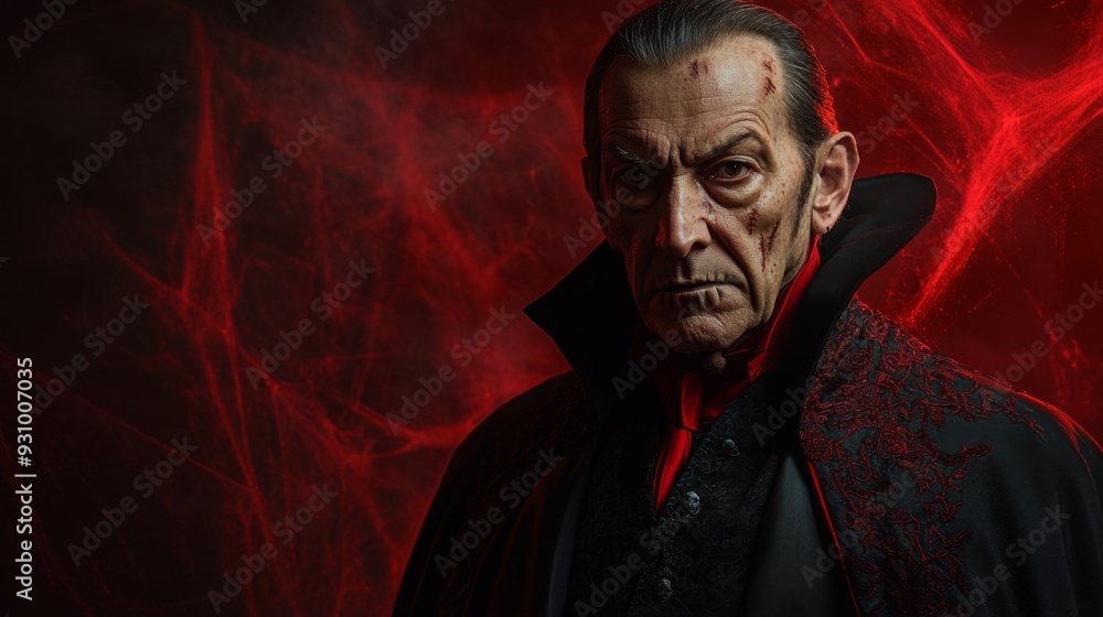 Fototapeta premium Mystical Vampire Old Man in Halloween red background