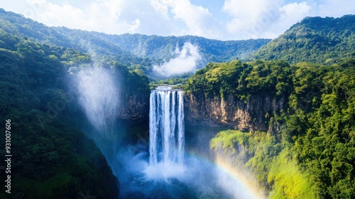 Breathtaking view of a majestic waterfall cascading into lush greenery under a vibrant blue sky, creating a serene natural landscape.