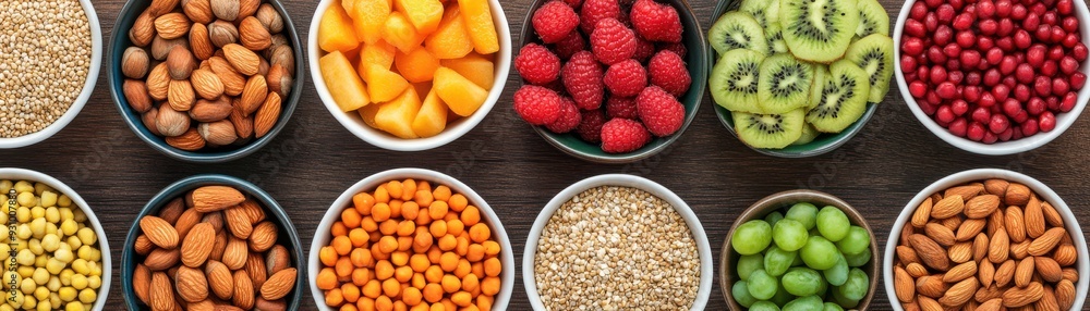 Colorful bowls filled with a variety of healthy nuts, fruits, and grains for nutritious snacks and lifestyle choices. Colorful bowls filled with a variety of healthy nuts, fruits, and grains for nutritious snacks and lifestyle choices.