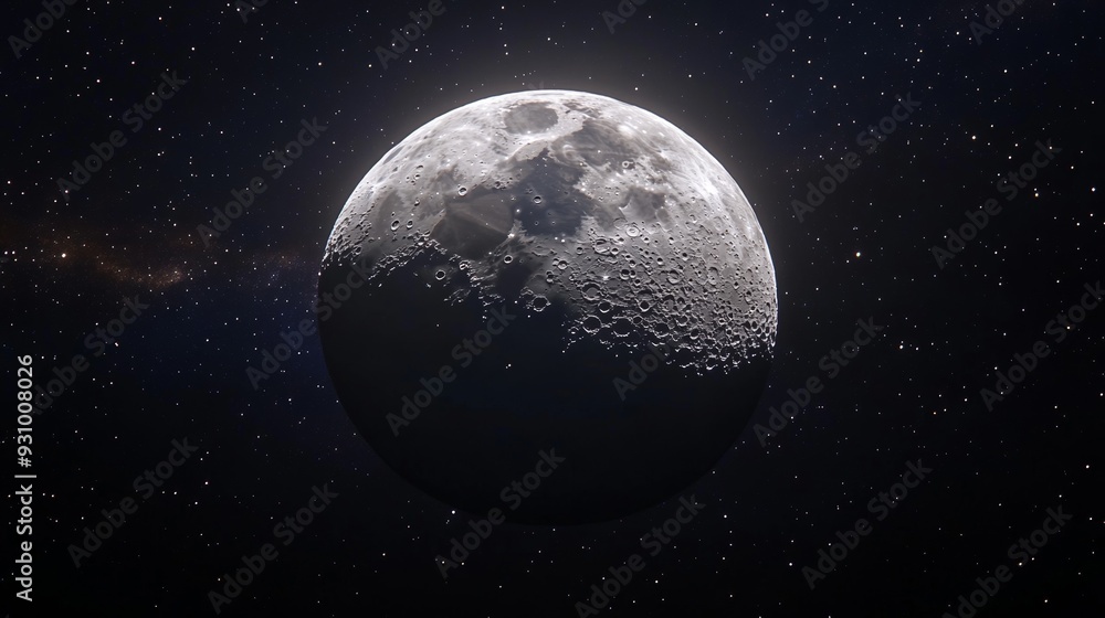 Naklejka premium The high-resolution image displays the moon as seen from Earth, highlighting infinitely magnified surface details and bright light around the moon. The picture quality is astonishingly high-definition