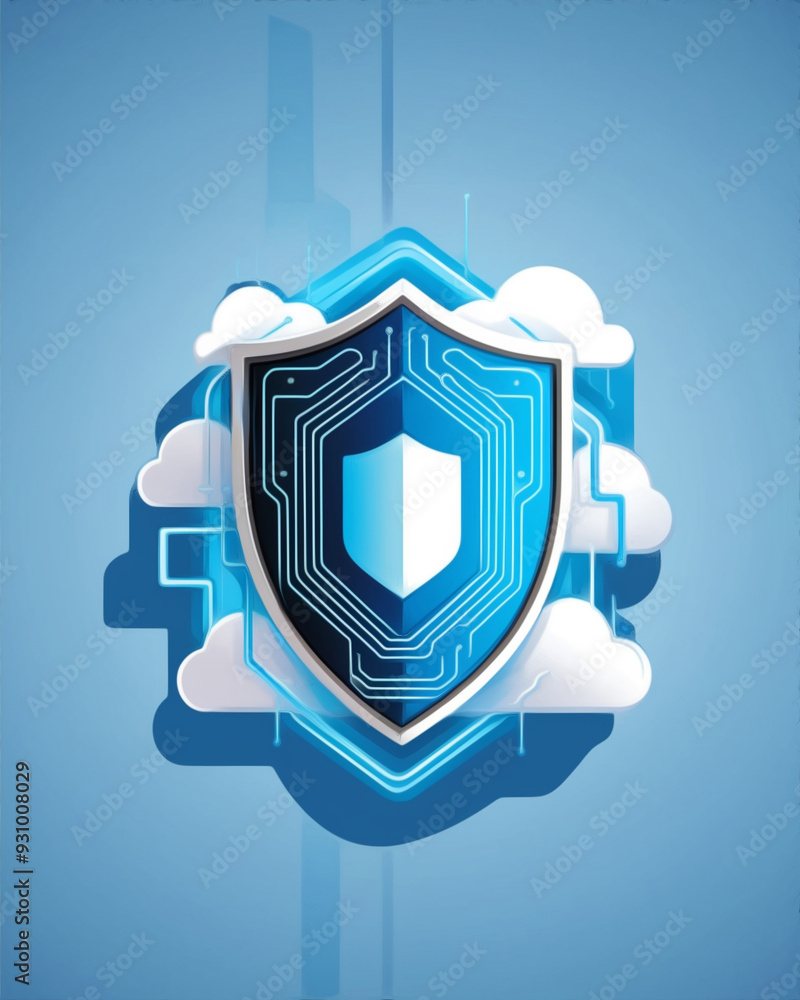 Fototapeta premium Illustration cybersecurity concept: A digital illustration featuring a lock and guard with clouds on a blue background symbolizing secure cloud computing and data protection