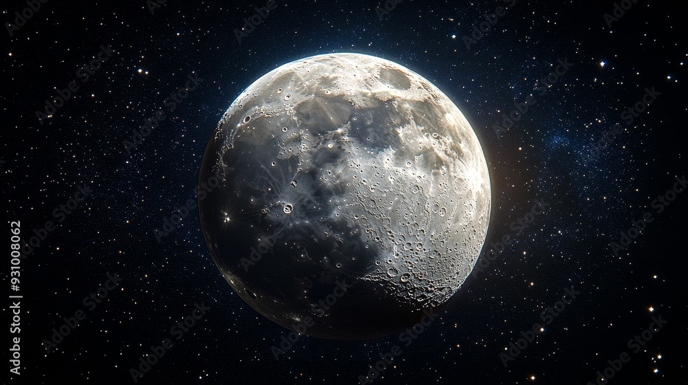 The high-resolution image displays the moon as seen from Earth, highlighting infinitely magnified surface details and bright light around the moon. The picture quality is astonishingly high-definition The high-resolution image displays the moon as seen from Earth, highlighting infinitely magnified surface details and bright light around the moon. The picture quality is astonishingly high-definition