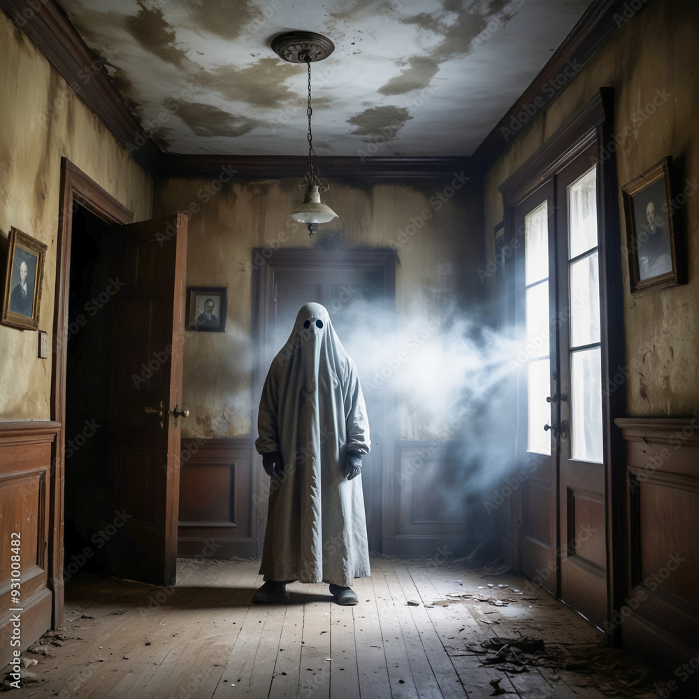 Naklejka premium A spooky yet atmospheric scene, a ghost inside a dark, abandoned house. The room is dimly lit by moonlight filtering through a cracked window, 