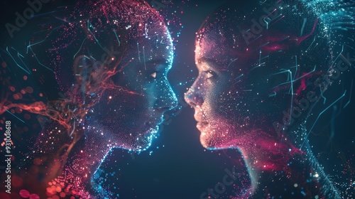 Digital Connection: Two Faces Intertwined in a Symphony of Light and Color