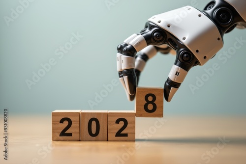 A robot hand picks up a wooden block with the number 2028. Generative AI