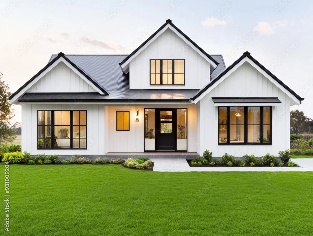 Modern house exterior with lush lawn and large windows, showcasing stylish architecture and serene outdoor space. Modern house exterior with lush lawn and large windows, showcasing stylish architecture and serene outdoor space.