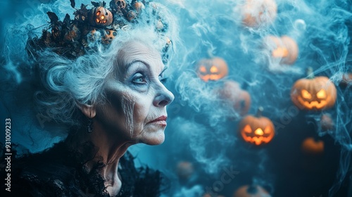 Wizard Old Woman with Crown in Halloween Scene on Smoke Background