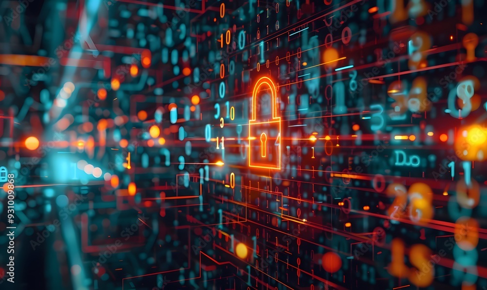 Obraz premium Cybersecurity and data privacy protection concept, lock, binary digits background.