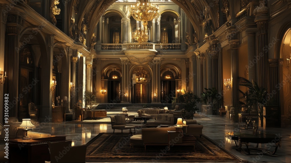 Grand, opulent foyer of a stately home with marble floors, ornate chandeliers, and plush furnishings. Grand, opulent foyer of a stately home with marble floors, ornate chandeliers, and plush furnishings.