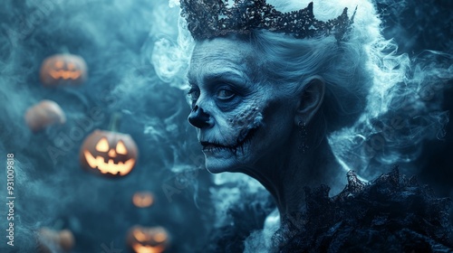 Wizard Old Woman with Crown in Halloween Scene on Smoke Background