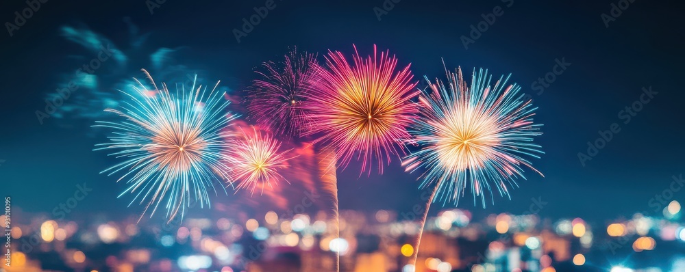 Fototapeta premium Vibrant fireworks illuminate the night sky, creating a stunning display over a cityscape during a festive celebration.