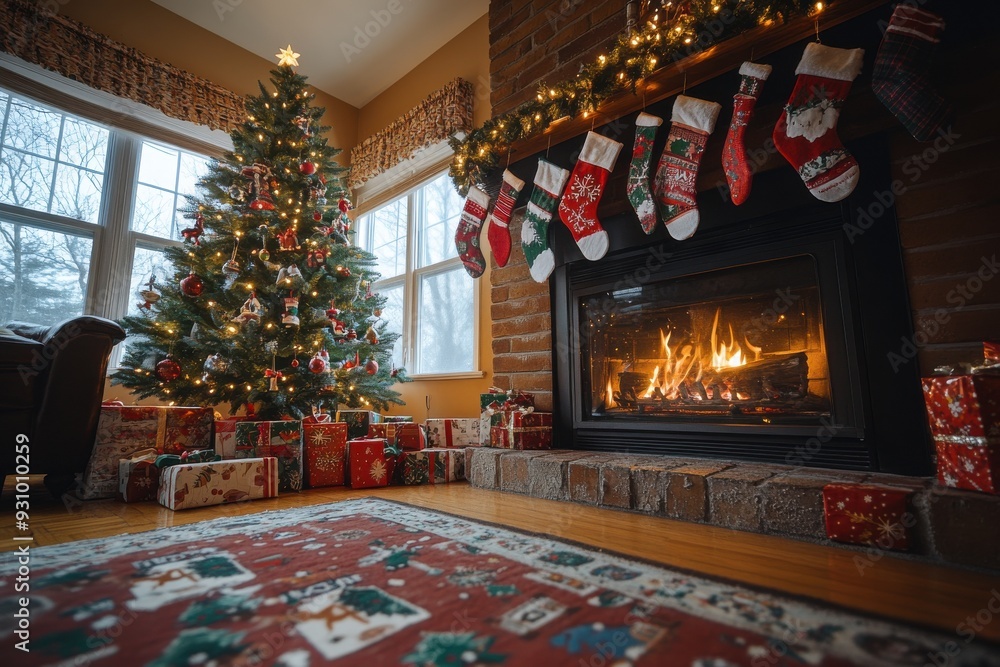 Cozy Christmas Living Room with Stockings and Gifts Cozy Christmas Living Room with Stockings and Gifts