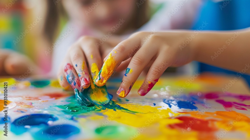 240803 73. Close-up of a child's small hands messily swirling watercolors on a plastic palette, focus on innocent exploration of color mixing, blurry elementary school art room background, cheerful 240803 73. Close-up of a child's small hands messily swirling watercolors on a plastic palette, focus on innocent exploration of color mixing, blurry elementary school art room background, cheerful